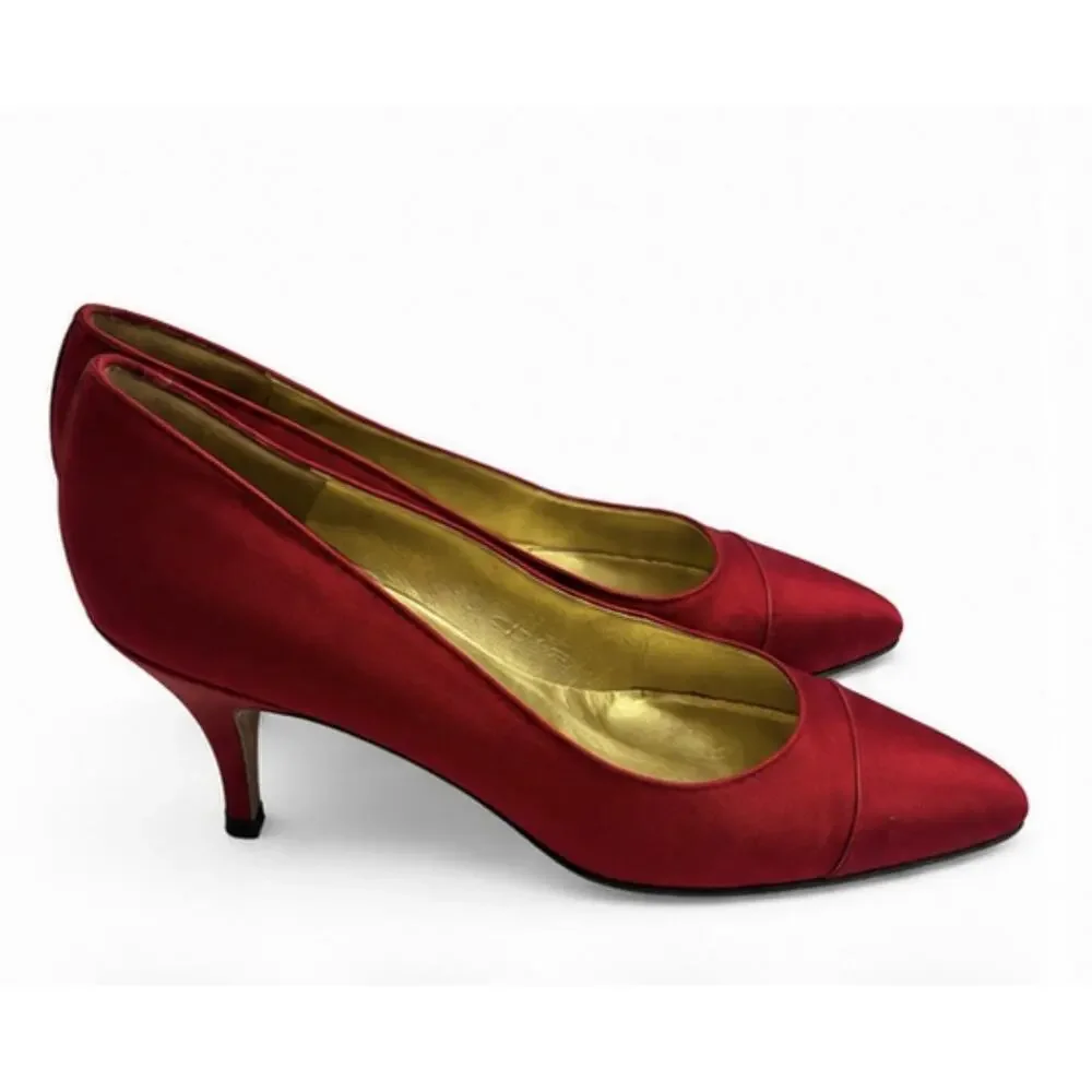 CHANEL Red Satin Pointed Toe Pumps Heels Gold Interior Made Italy Size 6.5